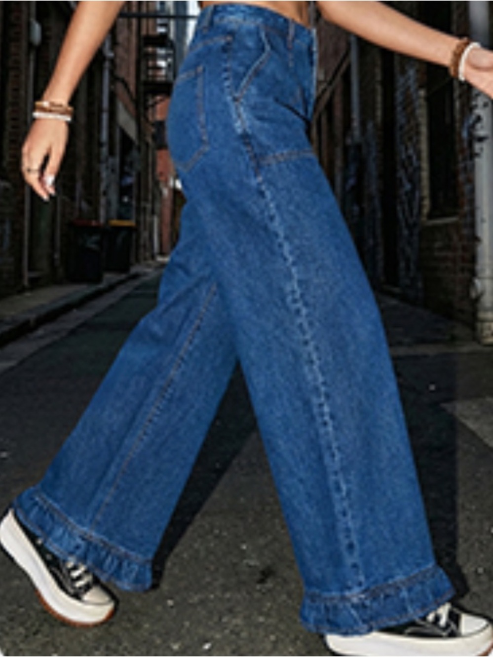 Wide-Leg High-Rise Dark Blue Jeans with Ruffle Hem